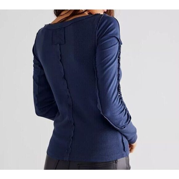 Free People OB1509678 Women's Sz XS Blue Daisy Chain Cuff L/S Blouse Top $78 - Picture 7 of 8